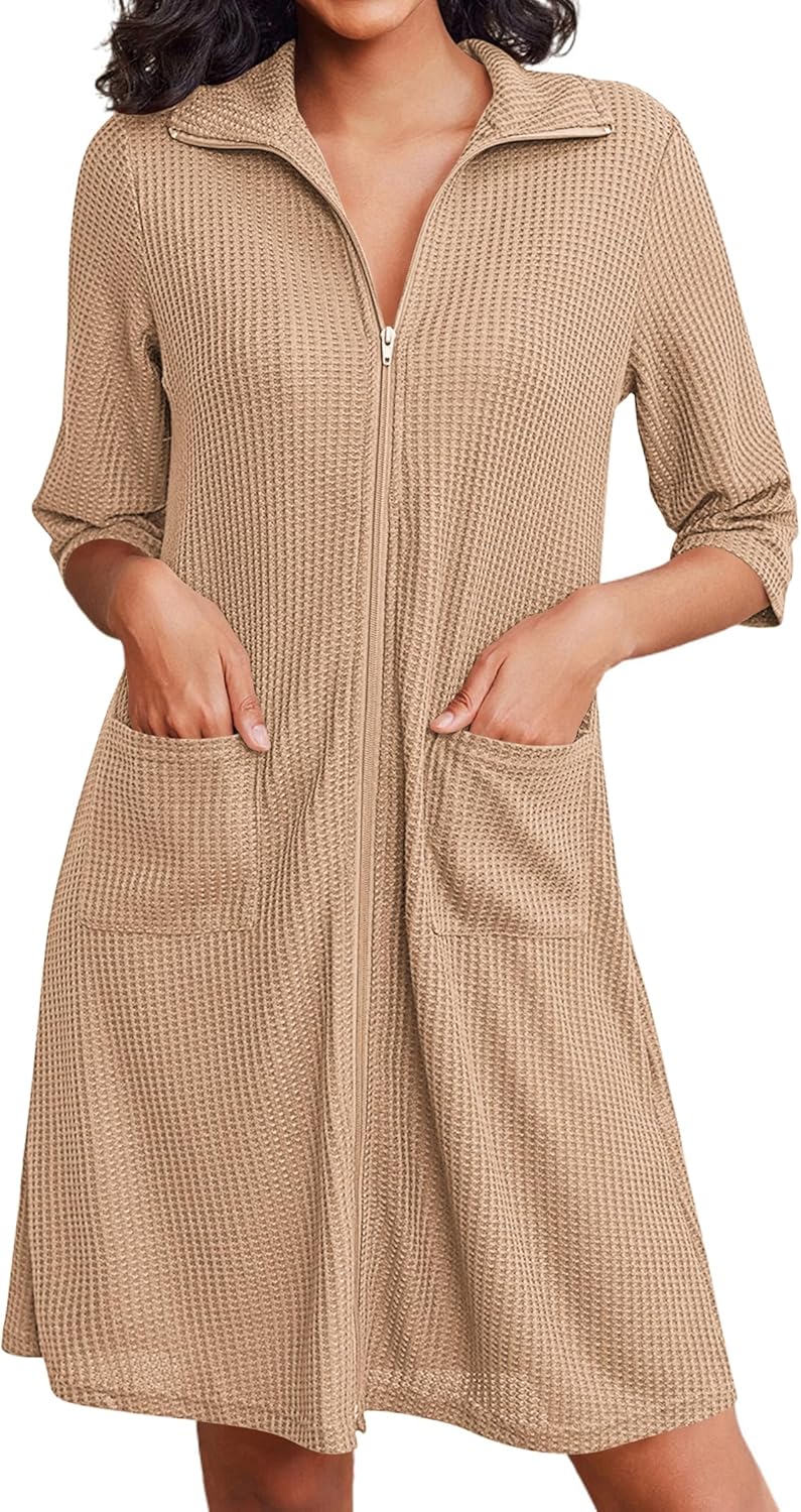 Ekouaer Zipper Robes for Women Waffle Knit Bathrobes Short Lightweight Knee Length Loungewear with Pockets S-XXL Small Light Tan