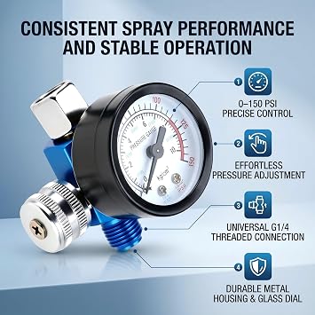 Air Pressure Regulator 0-150 PSI & 0-10 BAR, G1/4 Inline Mini Pressure Regulator Kit for Compressed Air Systems, Spray Paint Gun, Pneumatic Tools with Pressure Gauge