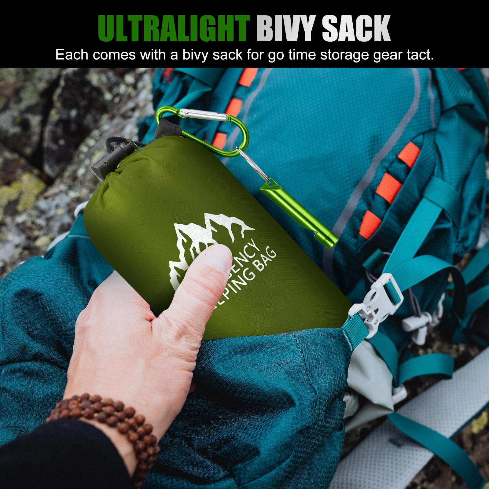 Oudain XL Notfallschlafsack, 240 x 125 cm, wasserdicht, Überlebensschlafsack mit Pfeife, Karabiner, tragbar, Thermo-Bivysack, Notfalldecken für Camping, Wandern, Outdoor, 6 Stück