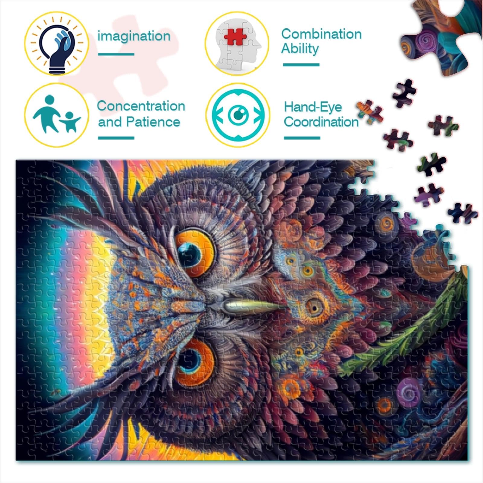 Eulen-Puzzle 1000 Teile – Leuchtet Im Dunkeln, Mit 6 Farben Auf Rückseite, 26,6x19,2 Cm, Für Erwachsene