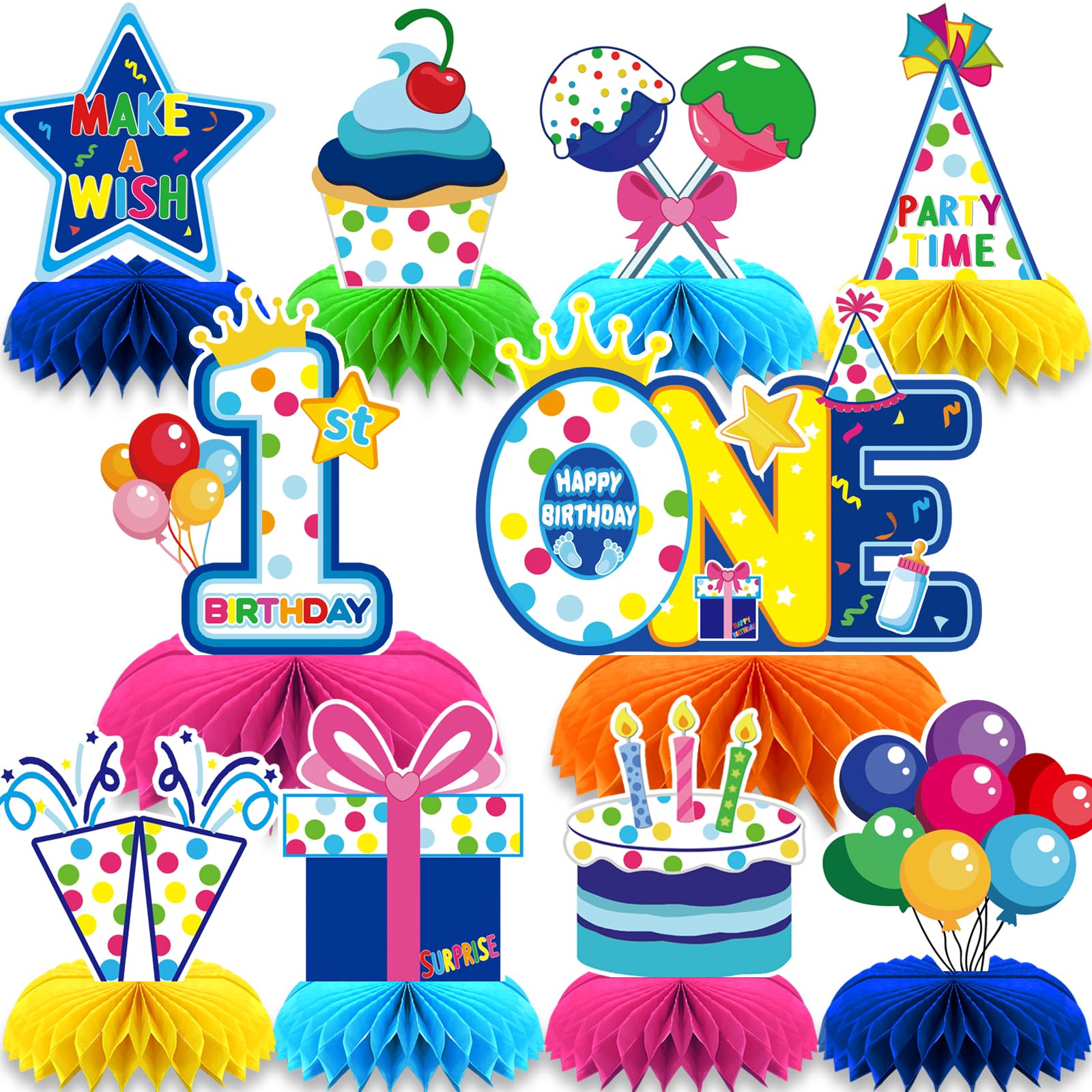 10 Pieces Happy Birthday Decorations Set,3D Table Toppers Double Sided Stand Cards for Party Supplies,Colorful Birthday Themed Honeycomb Centerpiece.