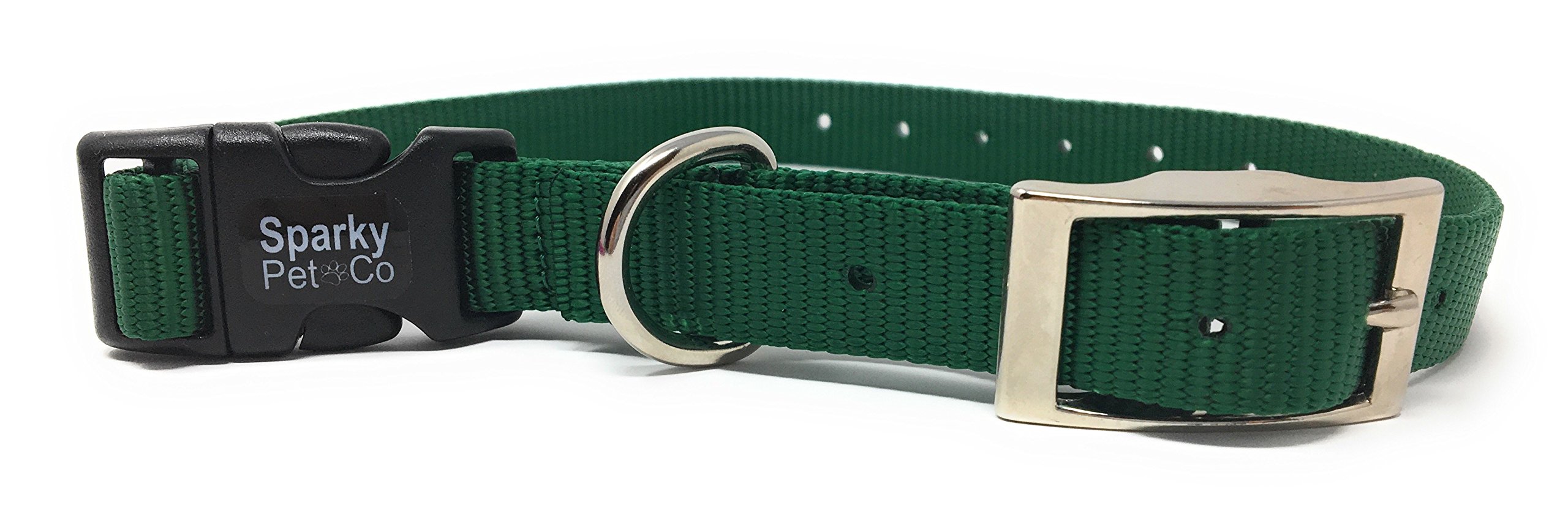 Sparky Pet Co - ECollar Replacement Strap - Double Buckle Dog Collar - Rugged Nylon - Adjustable - D Ring - Quick Release Metal Clasp - for Invisible Fence Systems - 3/4" x 21" - Green