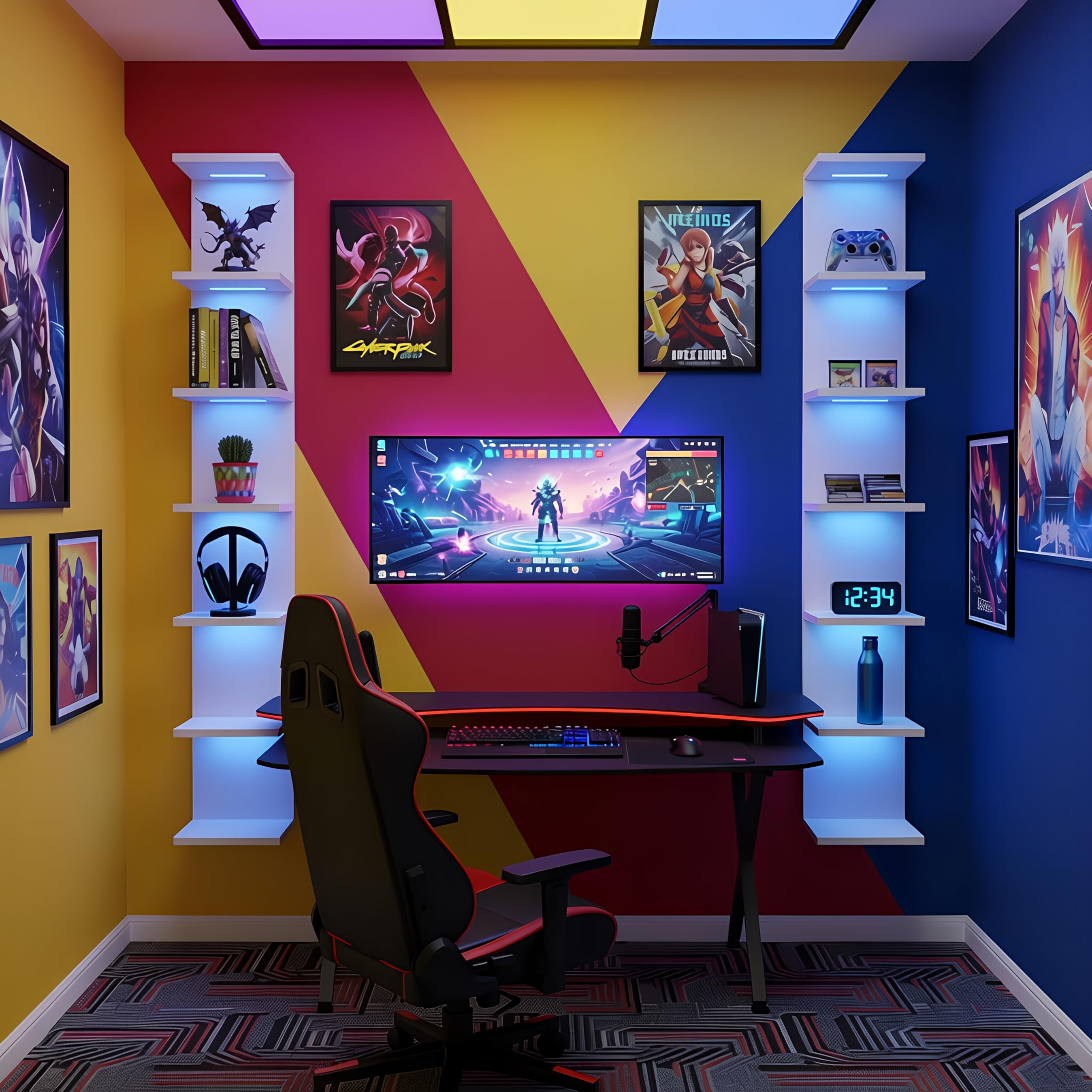 VIWODS Scaffale da parete a 7 livelli con luci RGB, mensola sospesa per riporre oggetti a parete, espositore verticale da parete per camera da letto soggiorno vanità, bianco