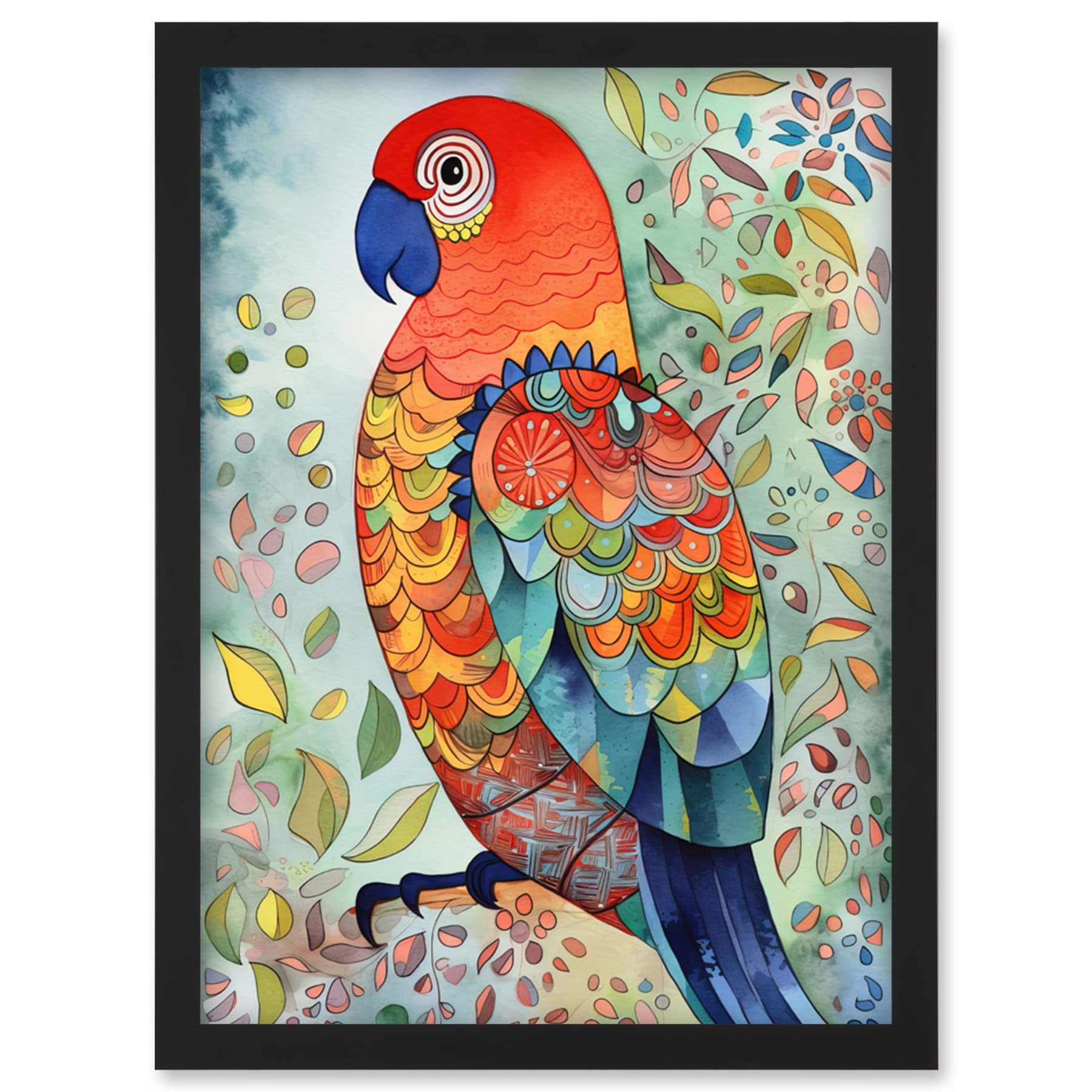 Artery8 Parrot Bird Portrait Folk Art Watercolour Painting Artwork Framed Wall Art Print A4