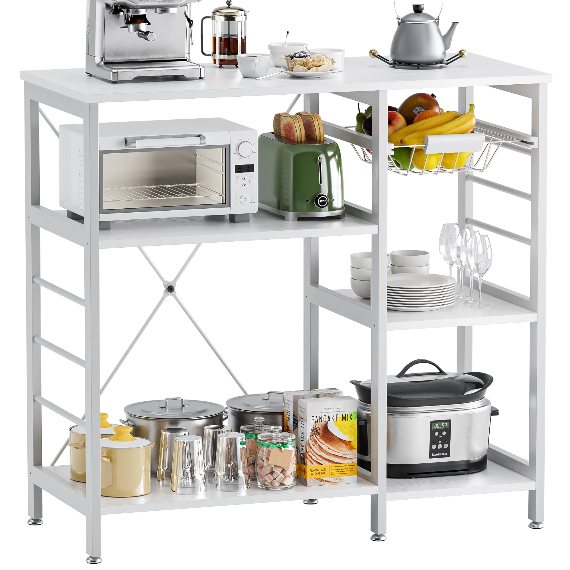 vovala Estante de panadero de cocina, soporte para horno de microondas con marco de bambú, barra de café de 90 cm con cesta de alambre y 6 ganchos para cocina, sala de estar, oficina (Blanco)