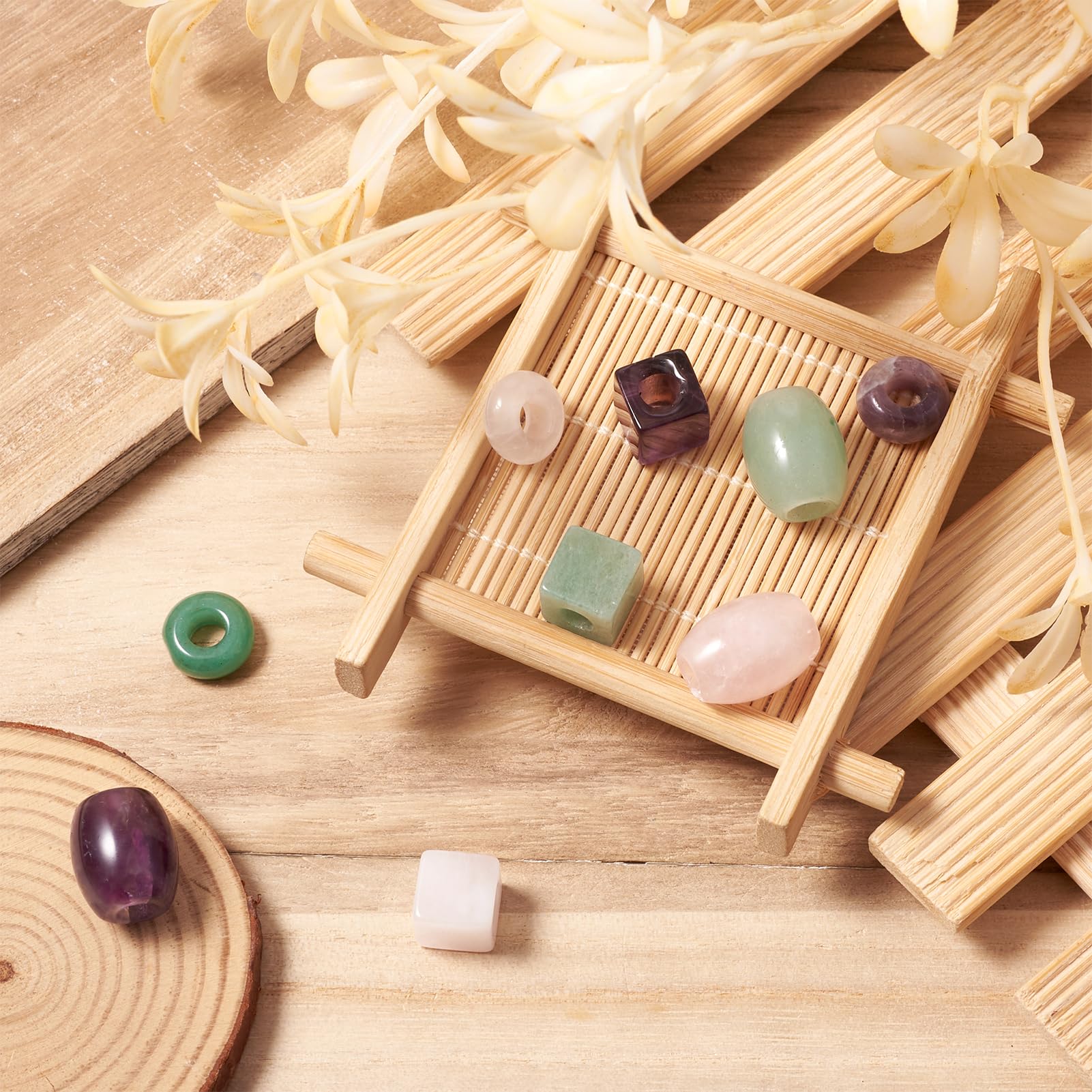 Crafans 9Pcs Natural Gemstone European Beads, Green Aventurine, Rose Quartz & Amethyst, Cube, Barrel & Rondelle Shapes - Image 3