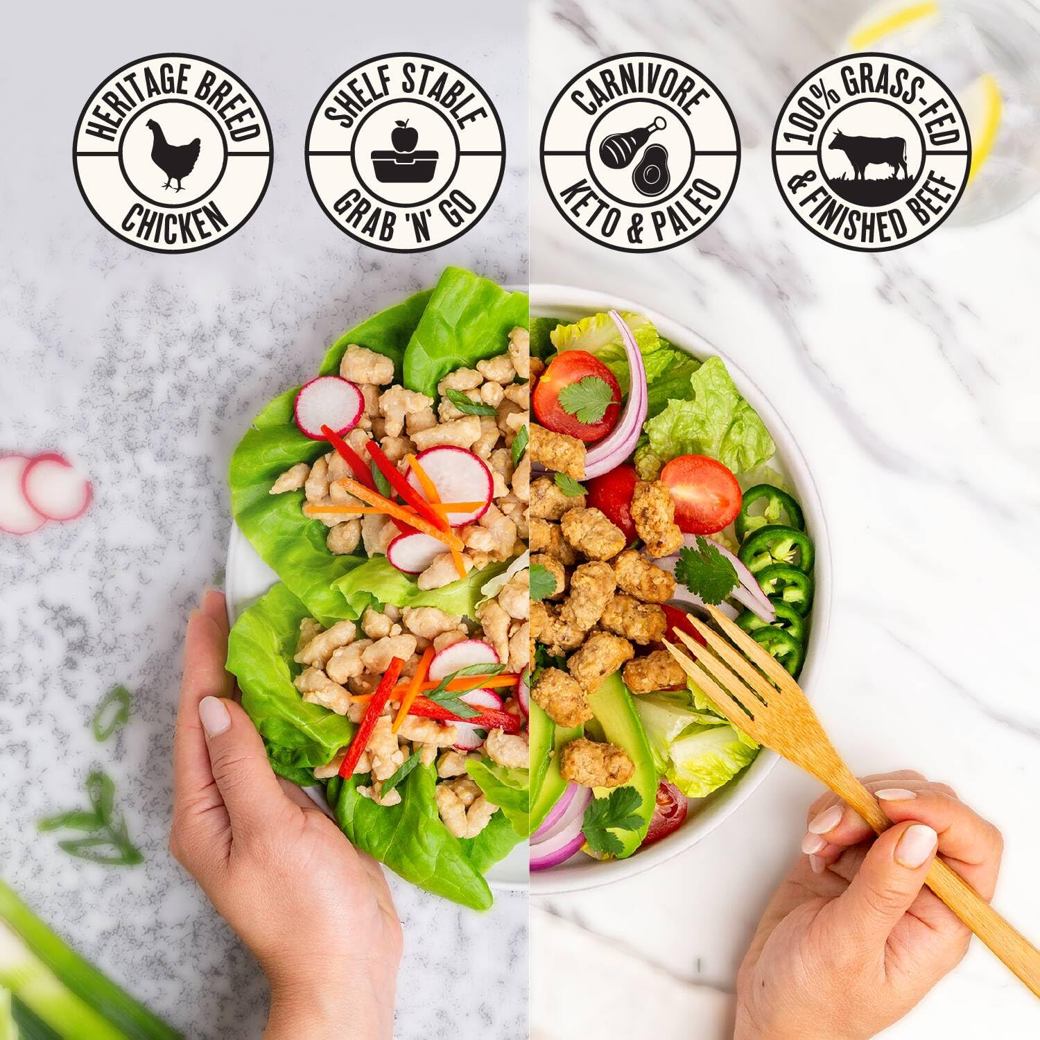 True Primal Mini Meatballs Variety Grass-fed Beef & Pastured Chicken 8-pack. Ready to eat. 1/4 lb fully cooked beef per pouch. Gluten free. Grain free. Paleo. Keto. Carnivore. Organic. Whole30. AIP.