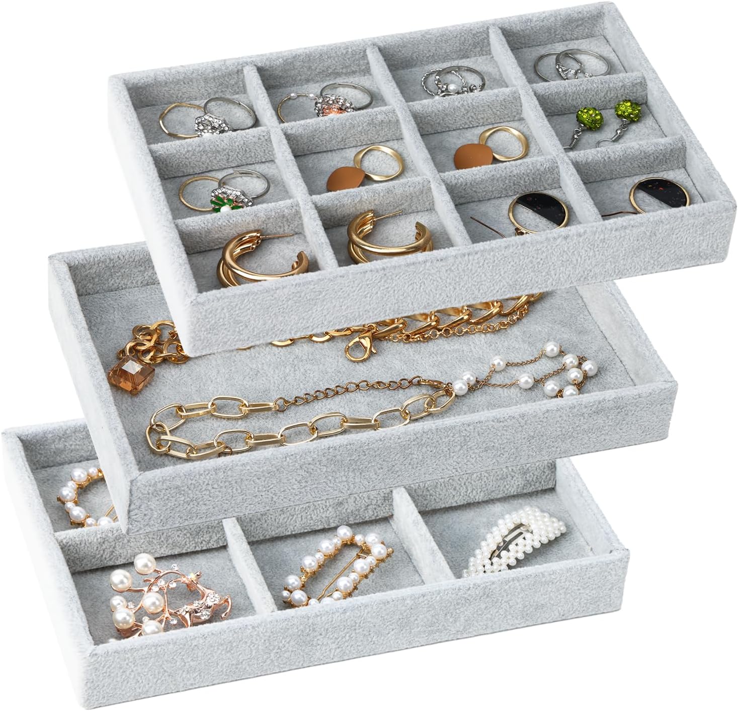 Fixwal Set of 3 Jewelry Tray, 8in Stackable Jewelry Organizer Drawer, Velvet Jewelry Trays Storage Containers for Rings, Necklaces, Bracelets, Brooches, Earrings with Removable Divider, Gray