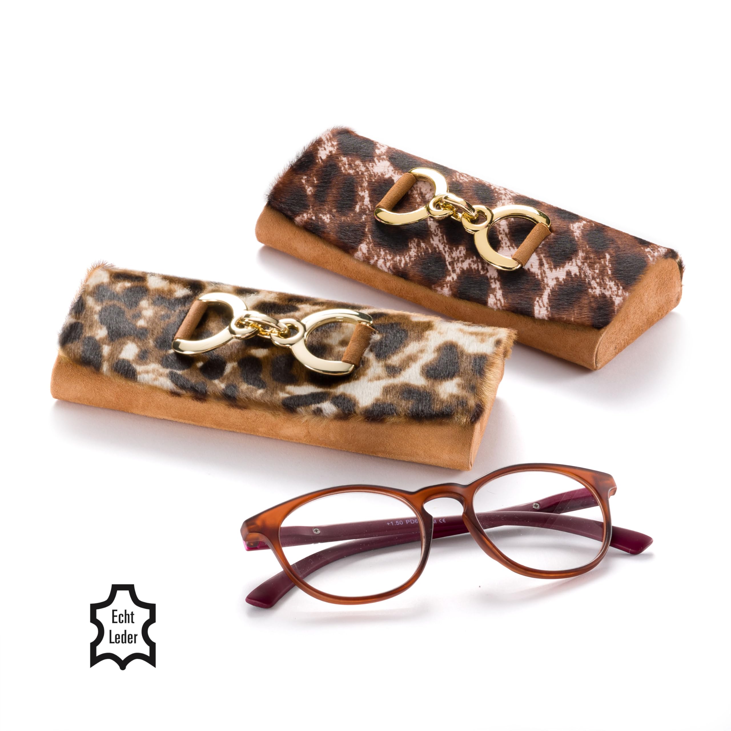 FEFI Premium Brillenetui Hardcase aus Echt-Leder & Wildleder – Handmade mit Fellbesatz & goldfarbener Applikation – Elegantes Lederetui inkl. Mikrofasertuch