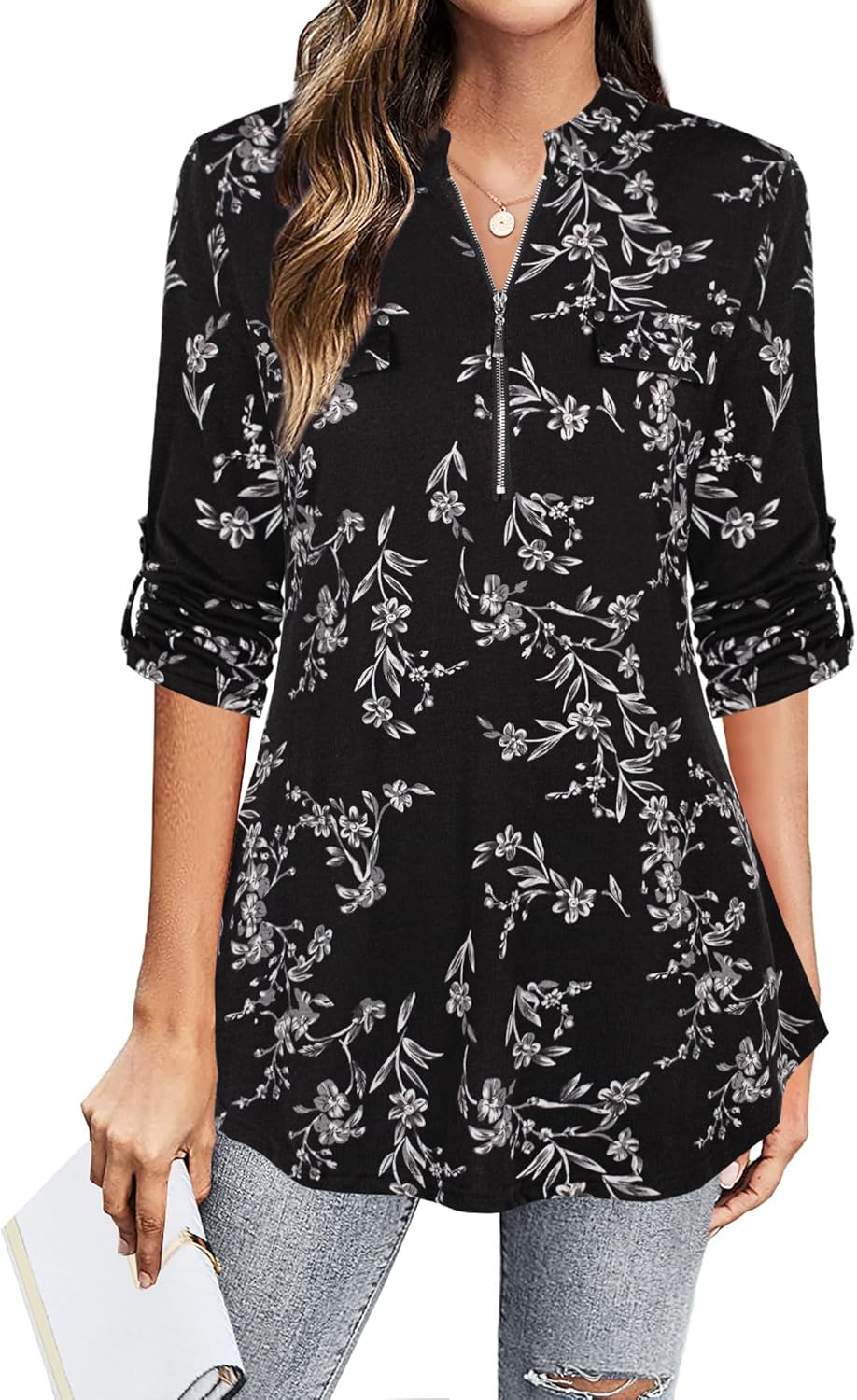 Ninedaily Women's 3/4 Sleeve Plaid Shirts Zip Floral Casual Tunic Blouse Tops - Image 2