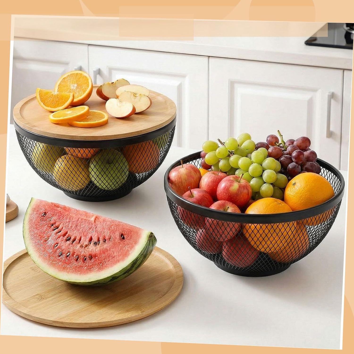 2 Pack Mesh Fruit Basket with Lids 9.8" Stackable Baskets with Bamboo Lid Fruits Holder for Kitchen Countertop Fruit Bowl with Lid Versatile Produce Storage(Black)