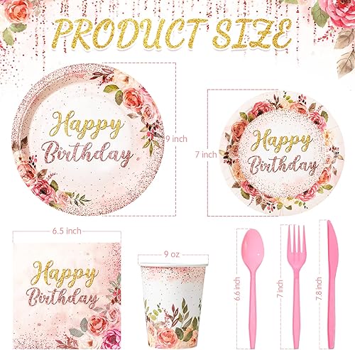 Miniatura 2 de Roshtia 175 piezas de suministros florales para fiesta, sirven a 25 invitados, juegos de vajilla de rosa de feliz cumpleaños para adultos y mujeres,