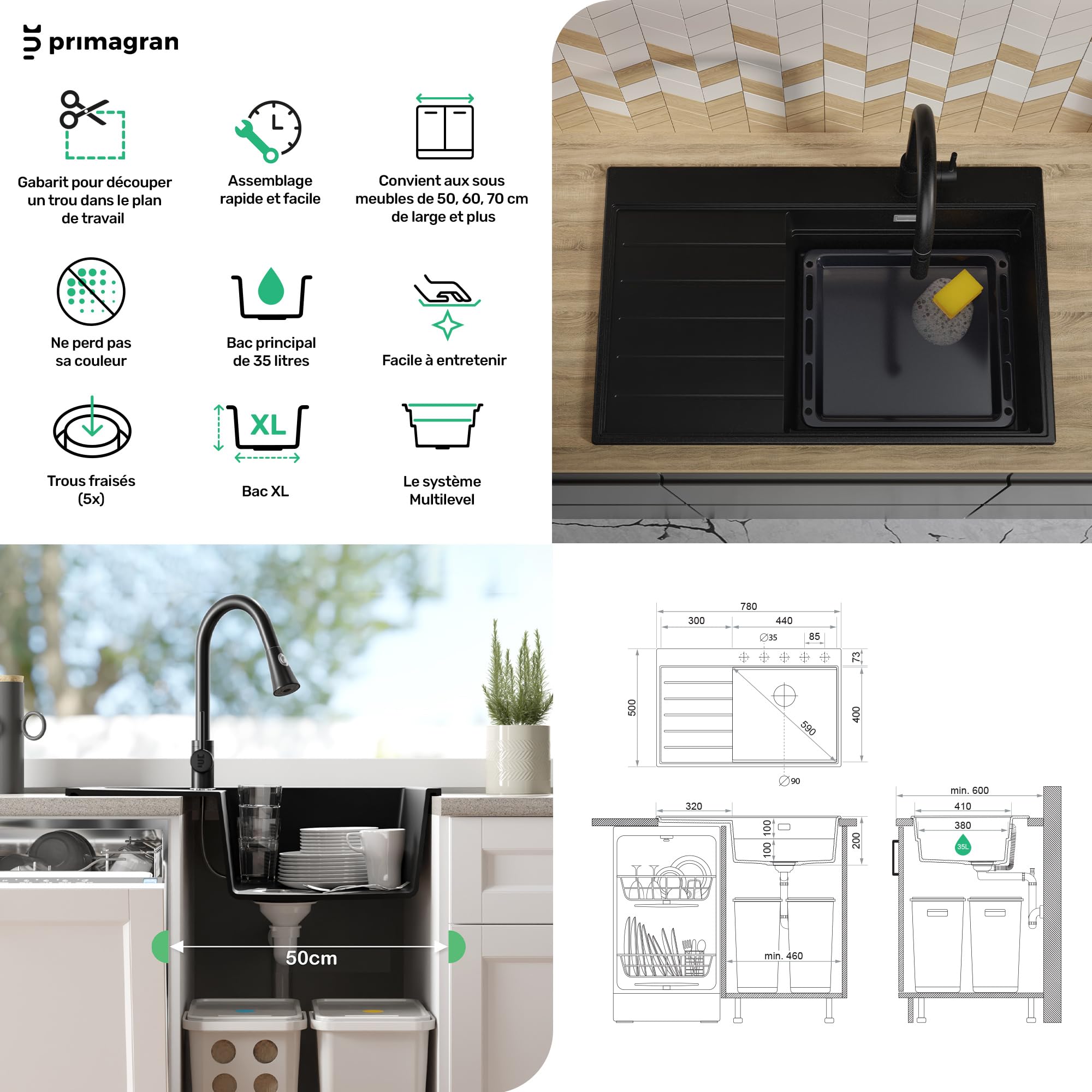 PRIMAGRAN Evier Cuisine en Granit Blanc 78x50cm, Lavabo 1 bac + Kit de Vidage, Évier à Encastrer au Meuble 50cm - Sydney S293
