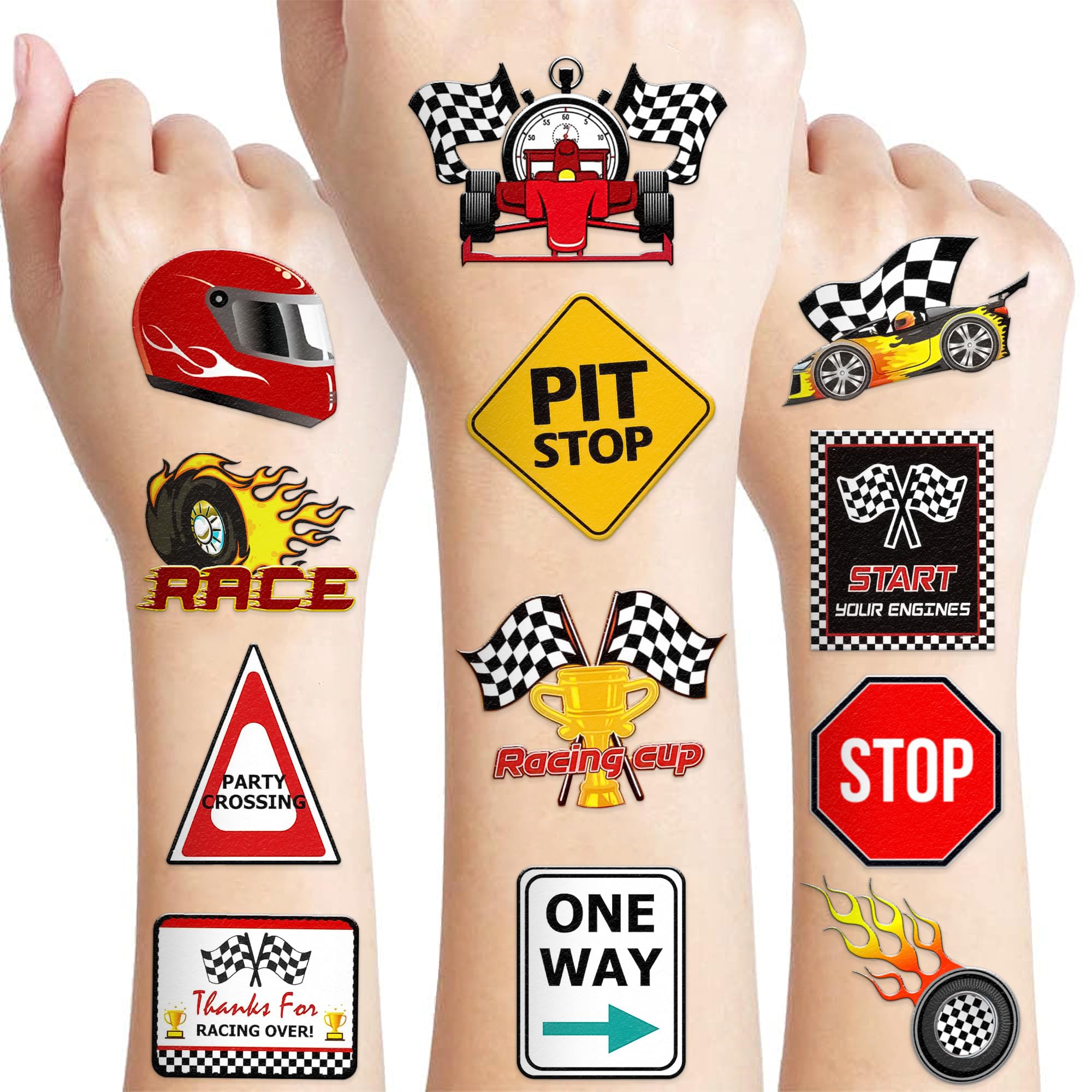 96 PCS Race Car Pre-Cut Temporary Tattoos Sticker Racing Pit Crew Checkered Flag Birthday Party Decorations Favors Supplies Gifts Boys Girls Cute Fake