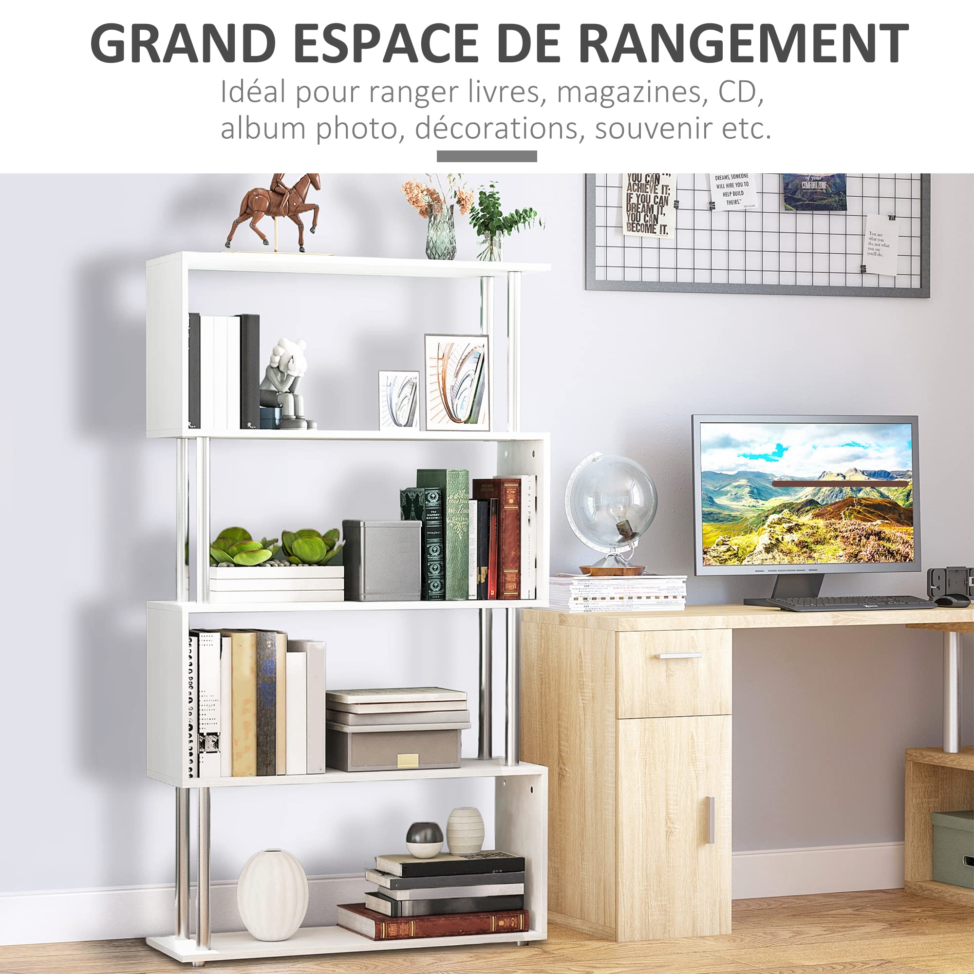 HOMCOM Bibliothèque étagère Design en S 4 Niveaux 80L x 30l x 145H cm Blanc | Contemporain