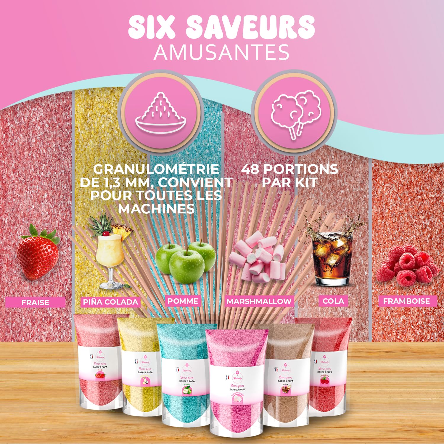 Misskandy®-Sucre Barbe à Papa pour machine lot de 6X160Gr (Arômes Naturels) Fraise- Pina colada- Cola-Pomme-Marshmallow-Framboise/poudre barbapapa+ 20 Bâtonnets Réutilisables (Offerts)