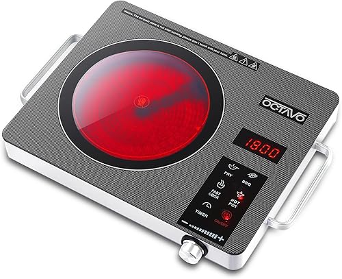 OCTAVO - Quemador infrarrojo portátil de 1800 W, quemador eléctrico con temporizador de 4 horas, placa eléctrica con panel de control táctil,