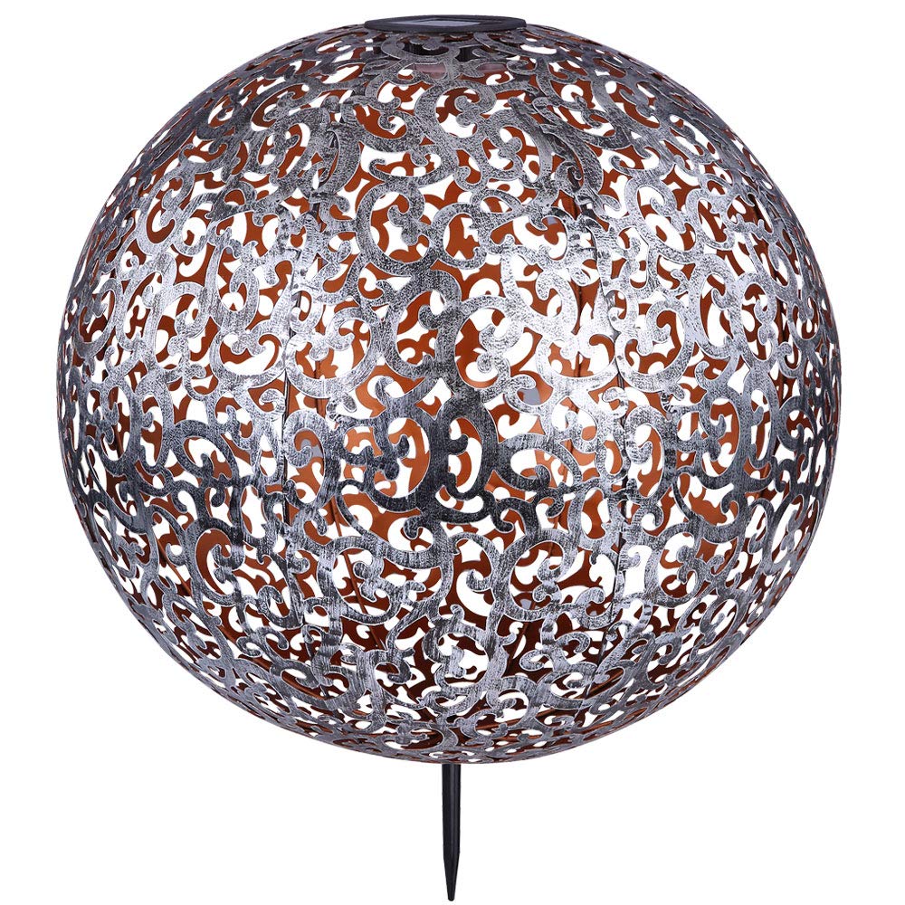 Solarleuchte Windlicht Solar Garten Kugel orientalsichLED Steckleuchte IP44, Erdspitz, Metall Muster antik silbergrau, 1x LED 3000K, DxH 40x50 cm