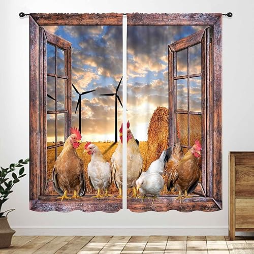 Miniatura 20 de Cortinas de cocina de granja, animales de granja rústica, gallo, pollo, leche, vaca, cerdo, molino de viento, granero rojo, retro, casa rural,