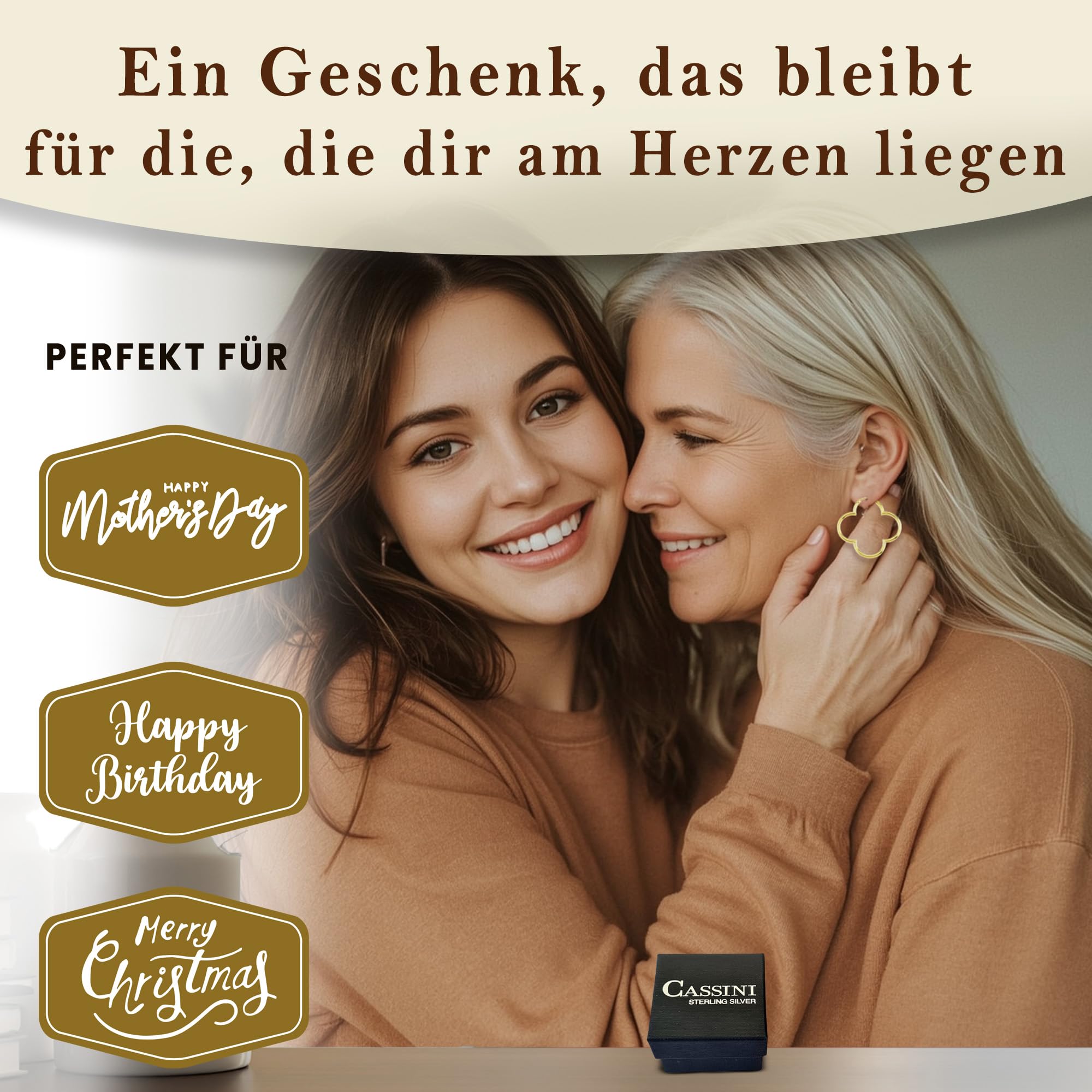 Cassini Damen Kleeblatt-Creolen Silber, 18K vergoldet oder Roségold (⌀ 25-55mm) – Hochglanzpolierte Kleeblatt-Ohrringe, große hypoallergene Creolen mit sicherem Klappverschluss, Schmuck für Frauen