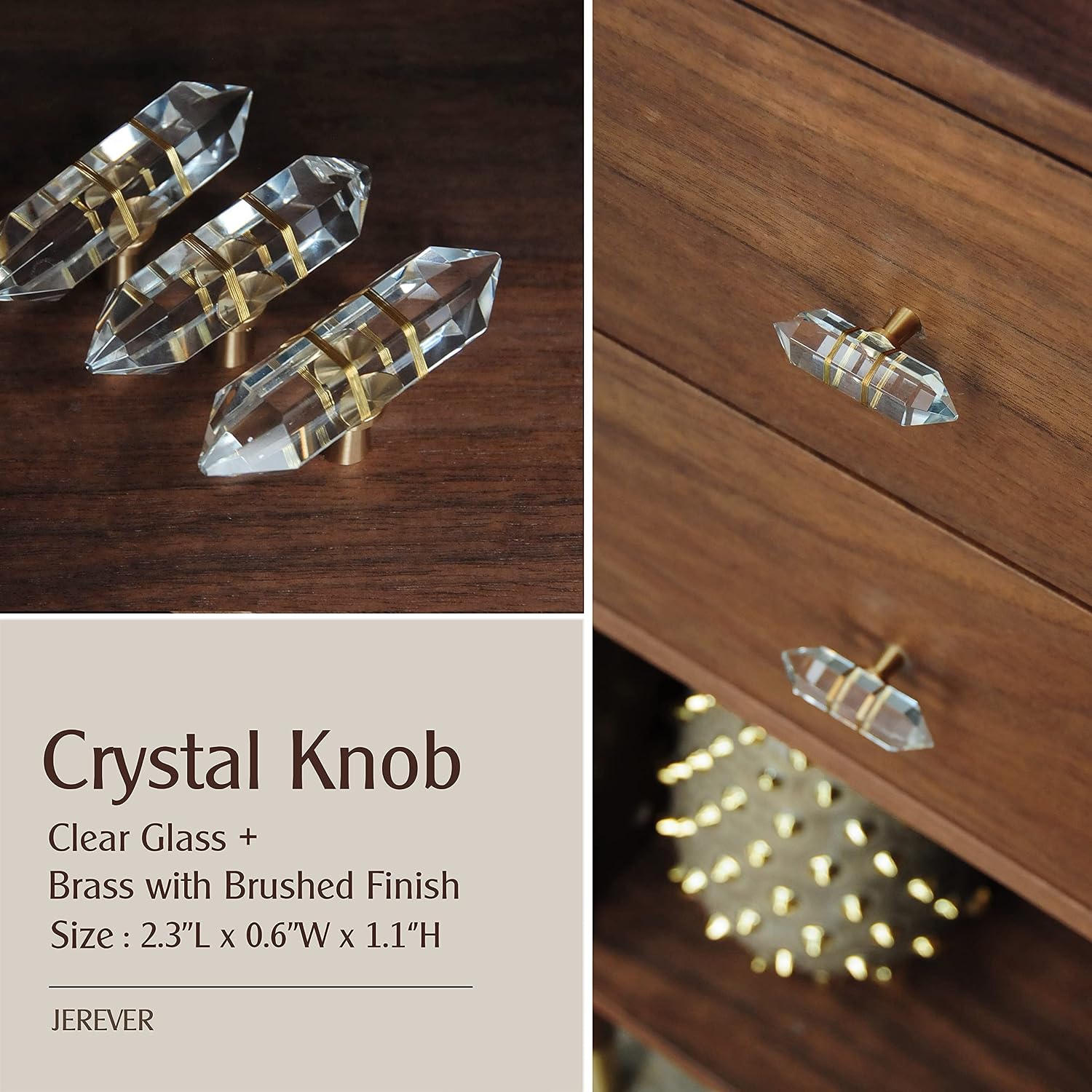 4 Pack Hexagonal Crystal Knobs Wire Wrapped Glass Brass Drawer Pull Cabinet Handle Gold Furniture Hardware for Dresser Kitchen (Clear)