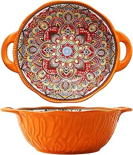 2 Pack Boho Ceramic Serving Bowls with Handles, 40 Oz Porcelain Salad Bo...