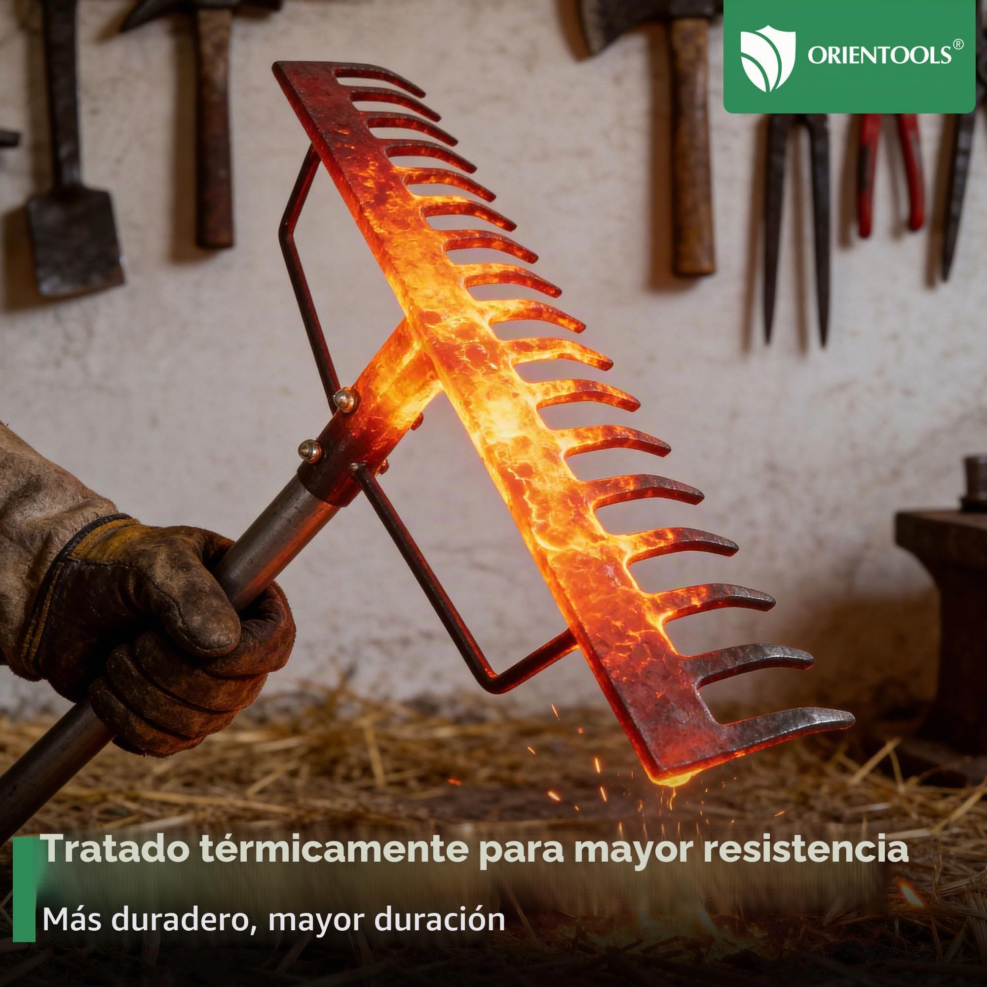 ORIENTOOLS Rastrillo de jardín, resistente, 44 cm de ancho x 160 cm de alto, verde, 1,7 kg