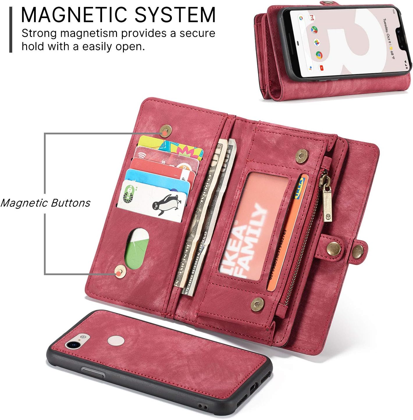Simicoo Pixel 3A XL Leather Wallet Zipper Purse Detachable Card Slots Holder Flip Case Magnetic Wrist Strap Handle Shockproof Cover Pocket Wallet Handbag for Pixel 3A XL (Red, Pixel 3A XL)