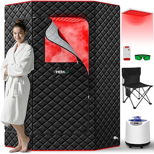 iTHERAU Infrared Sauna Box with True 660 & 850nm Red Light Therapy Lamp, Portable Red Light Sauna for Home, Full Body Steam Sauna Tent with 3L 1200w Steamer, 15 Levels Heat, Timer, Chair