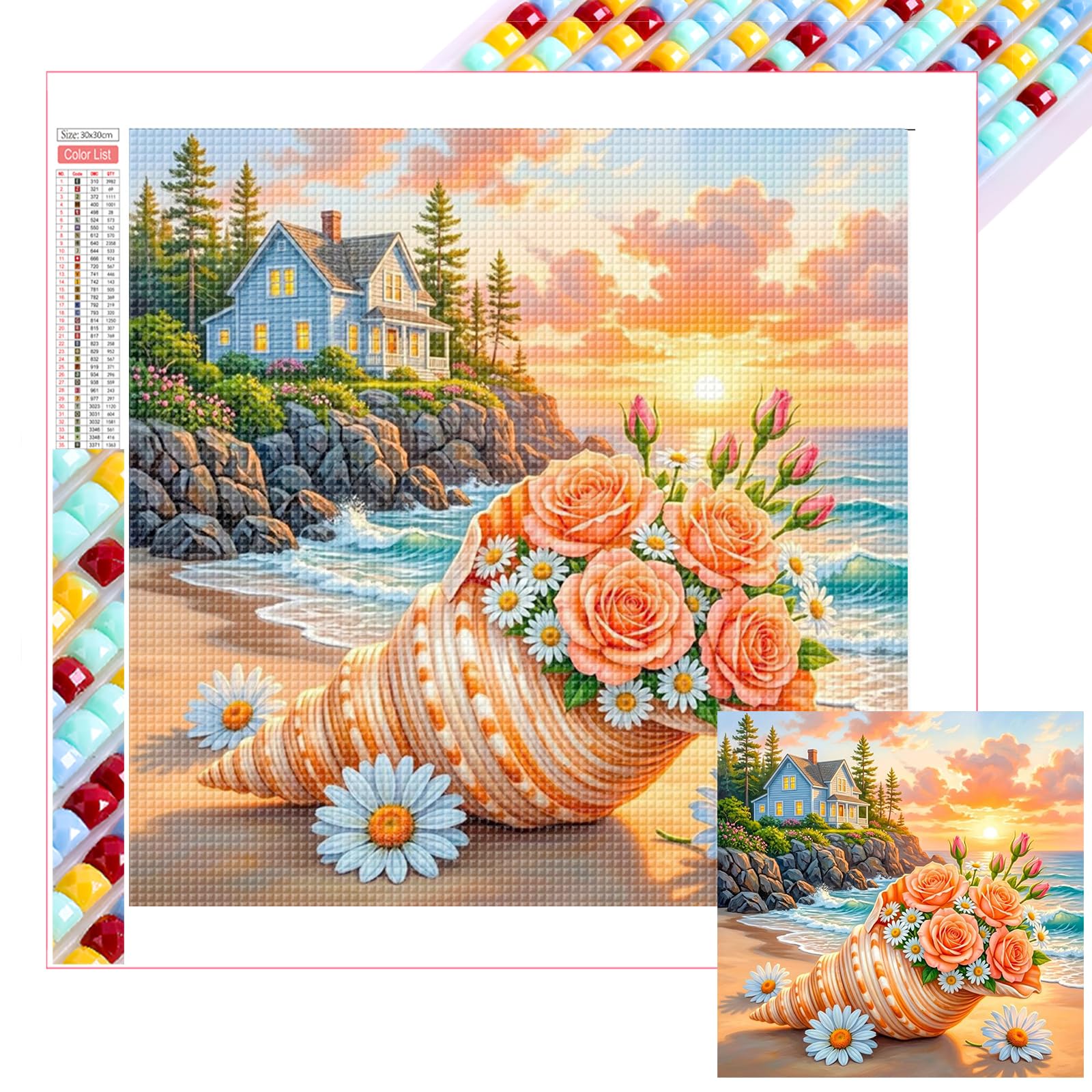 Poetrydraw Conch Roses 5D Diy Diamond Art Kit For Adults & Beginners, Home Wall Decor, Crystal Rhinestones, 13.7"