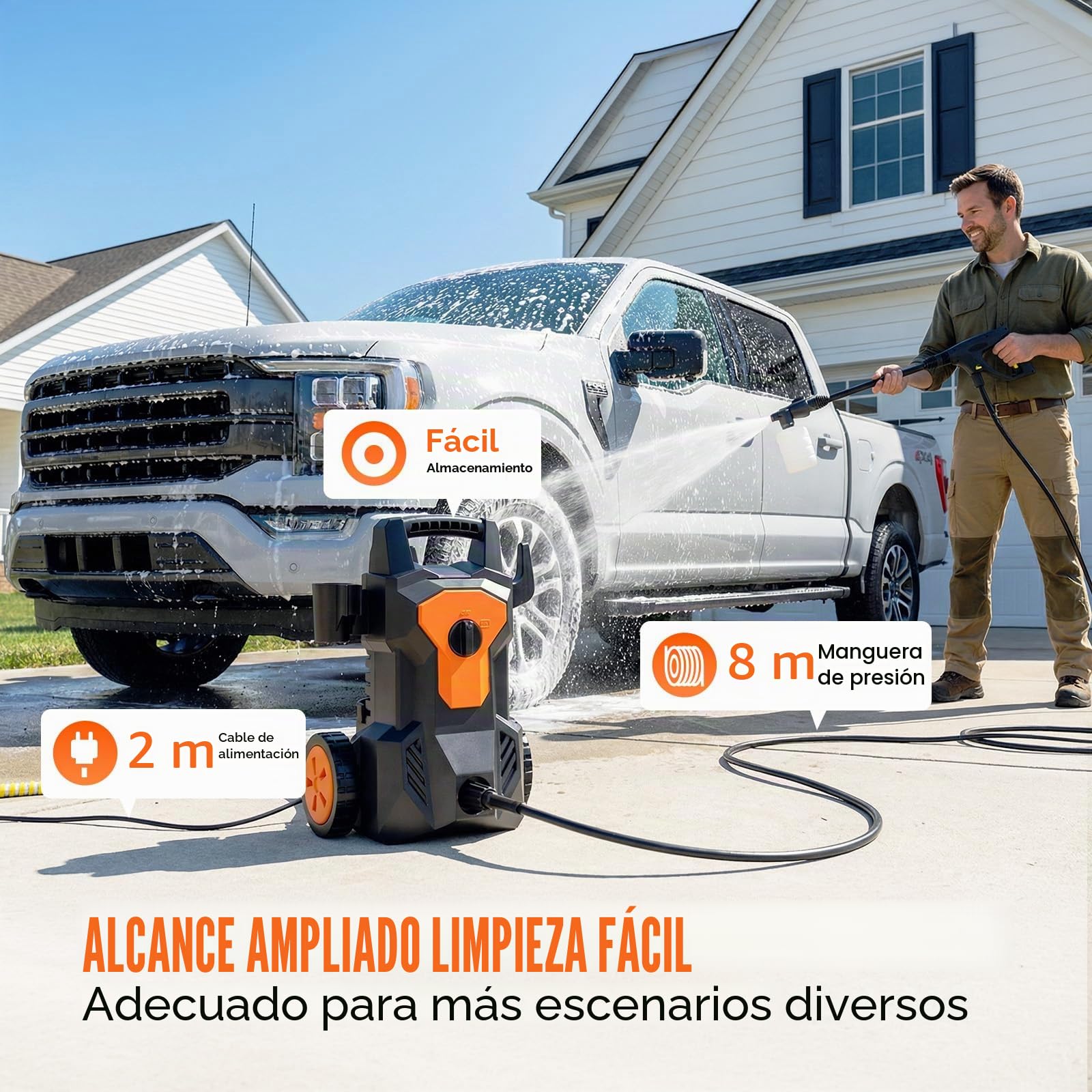 Hidrolimpiadora de Alta Presion, 1600W 140Bar Presión de Trabajo, Caudal 420L/H, con Boquilla Ajustable Pistola y Manguera de 8M Cable de 2M, con Boquilla de Espuma, para Coches, Vallas, Patios, Hogar