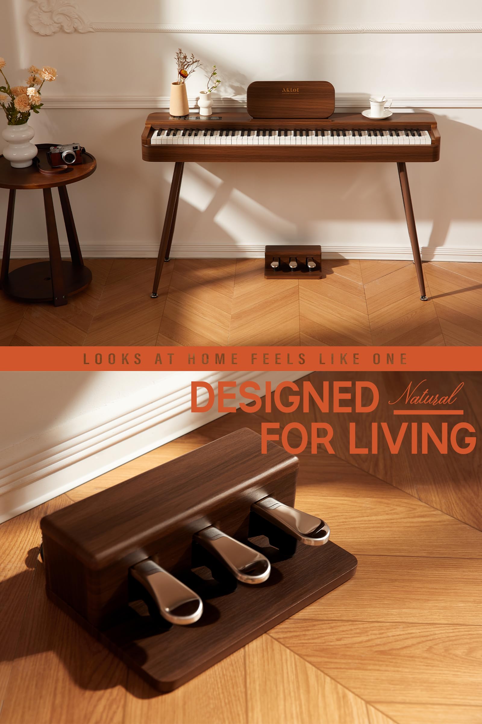 AKLOT Touchscreen Weighted Keyboard Piano: 88-Key Graded Hammer Action Digital Piano, Handcrafted Round-Edged Design, Triple Pedal, Stand, USB-MIDI, Headphone, Beginner Lesson Book (AUR-LS01 Walnut)