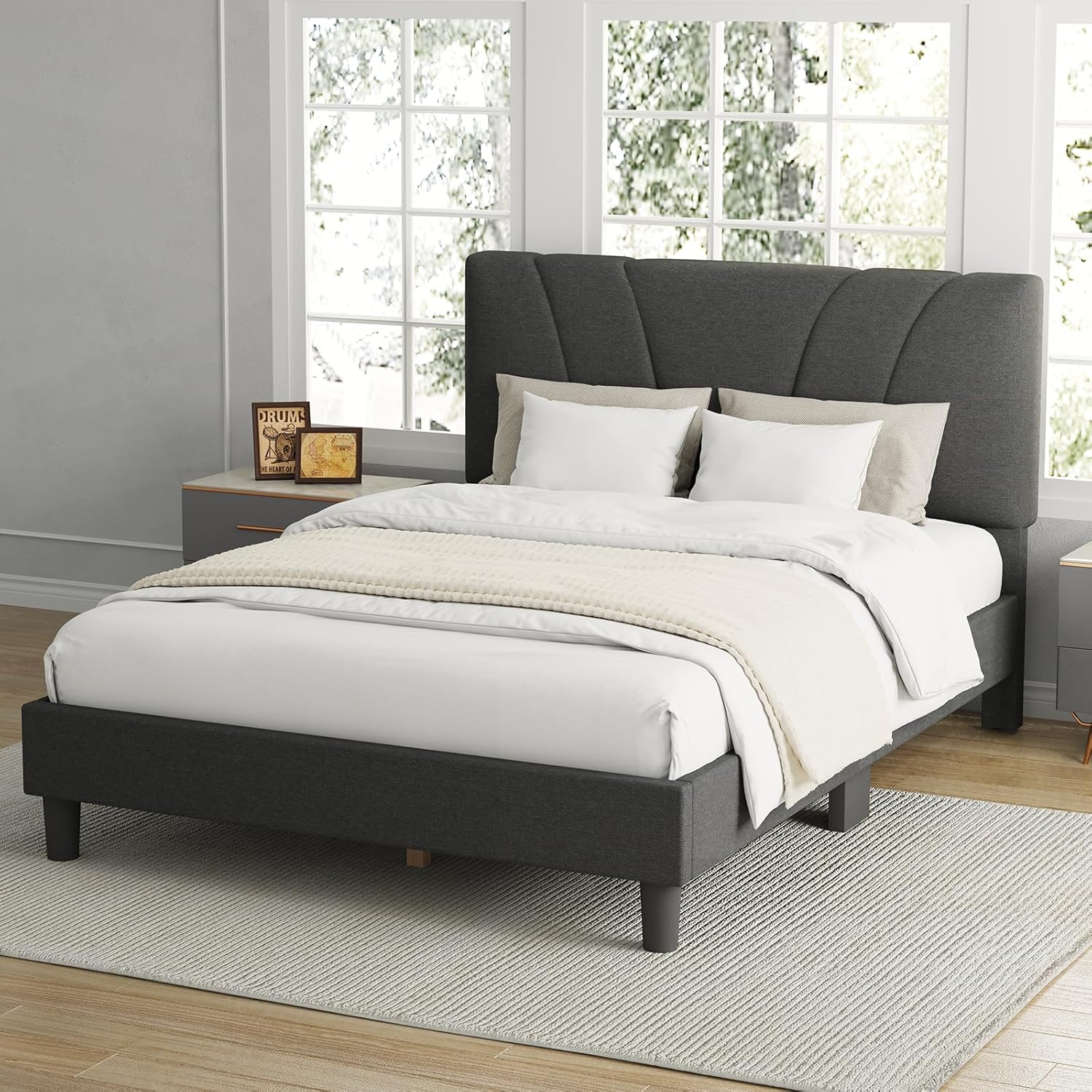 Avenco King Bed Frame, Upholstered Platform Bed Frame with Adjustable Headboard, Wood Slat Support, Easy Assembly, No Box Spring Needed, Dark Grey