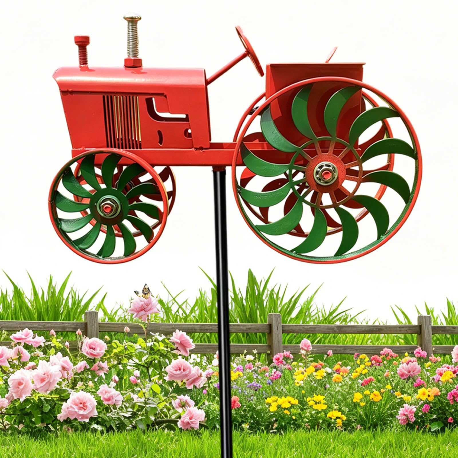 Green Tractor Wind Spinner, Metal Tractor Windmill Stake Decor with Rotating Wheels, Yard Art Wind Sculpture Decor for Patio, Garden, Lawn, Unique Outdoor Sculptures Ornament for Friends Family
