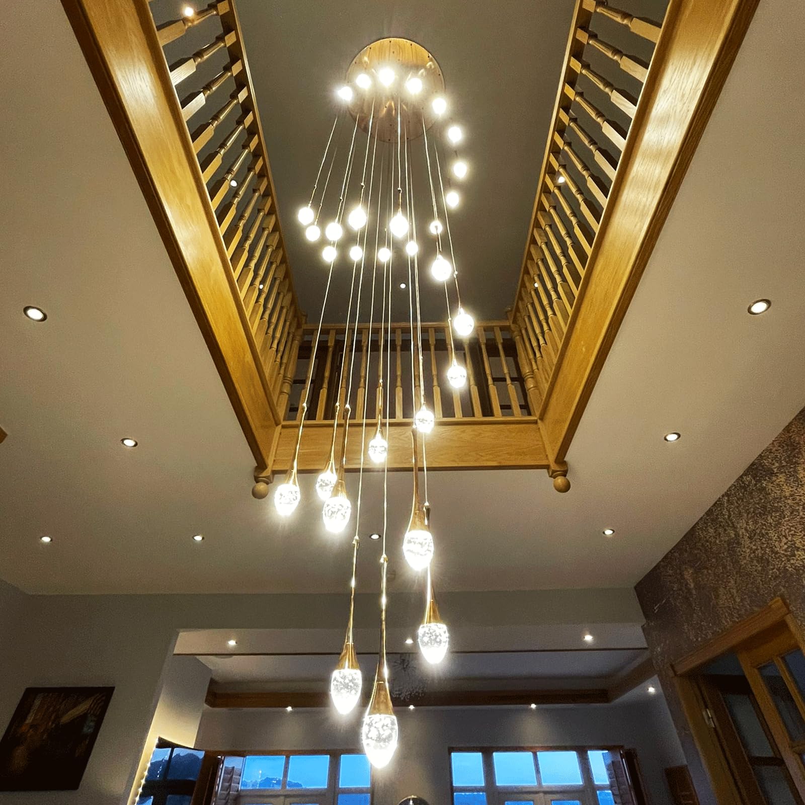 KXEcoLife Chandelier Crystal Ceiling Adjustable Length Chandeliers for Living Room Hotel Entryway Hallway Foyer Villa Duplex Staircase Long Pendant Lamp (30 Lights)