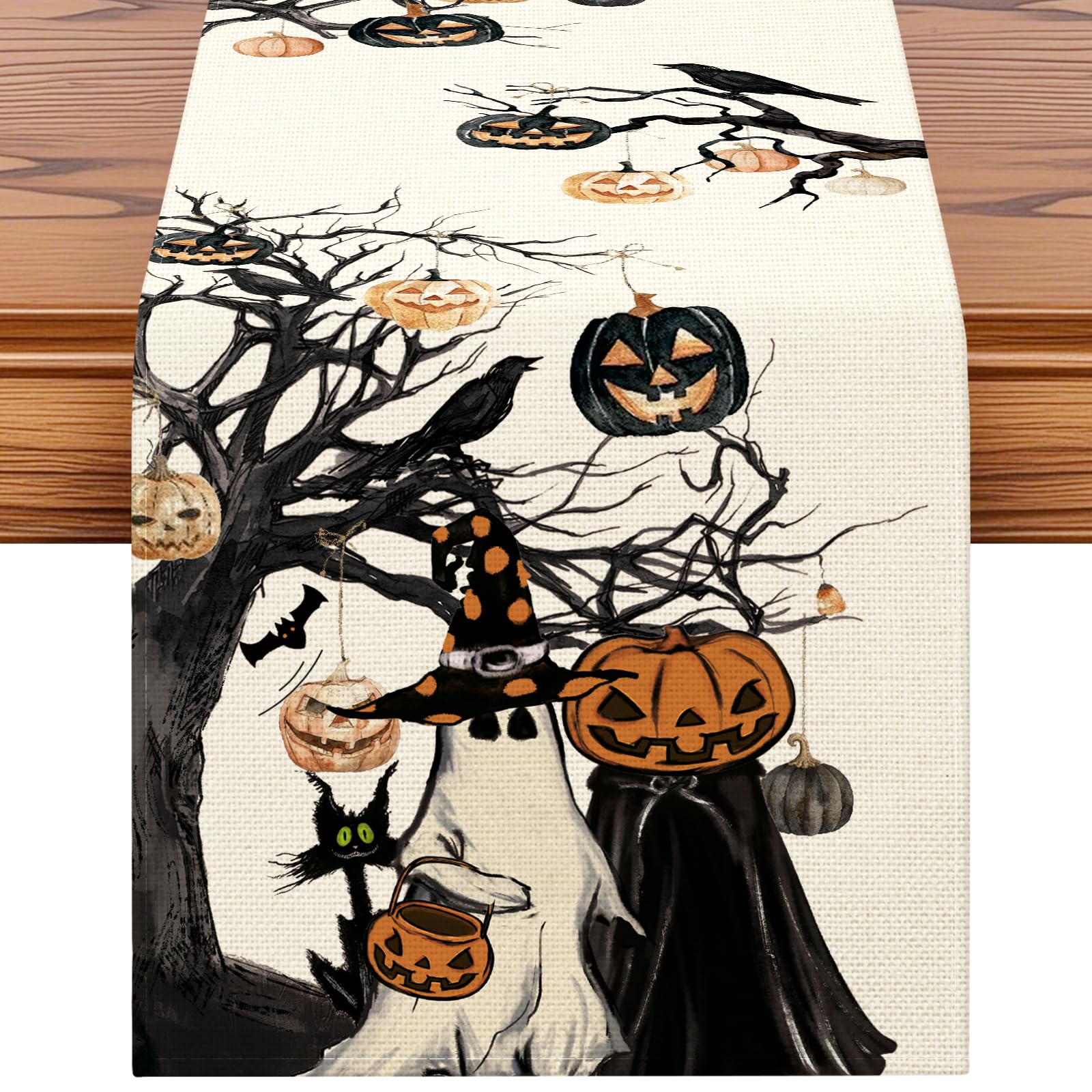 Artscope Halloween Table Runner Holiday with Pumpkin Ghost and Tree Pattern Seasonal Kitchen Dining Table Runner Decoration for Home Fall Party Decor 40x300 cm