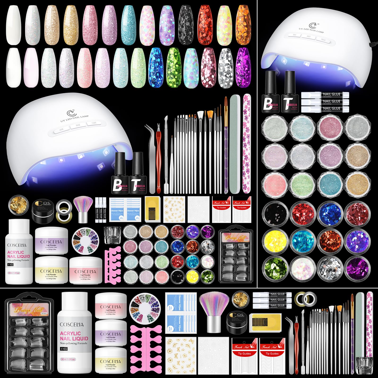 COSCELIA Kit Complet Acrylique Ongles, 27 PCS Poudre Acrylique pour Ongles Liquide Acryliques Kit Professionnels d'extension ongles acryliques Convient Débutants