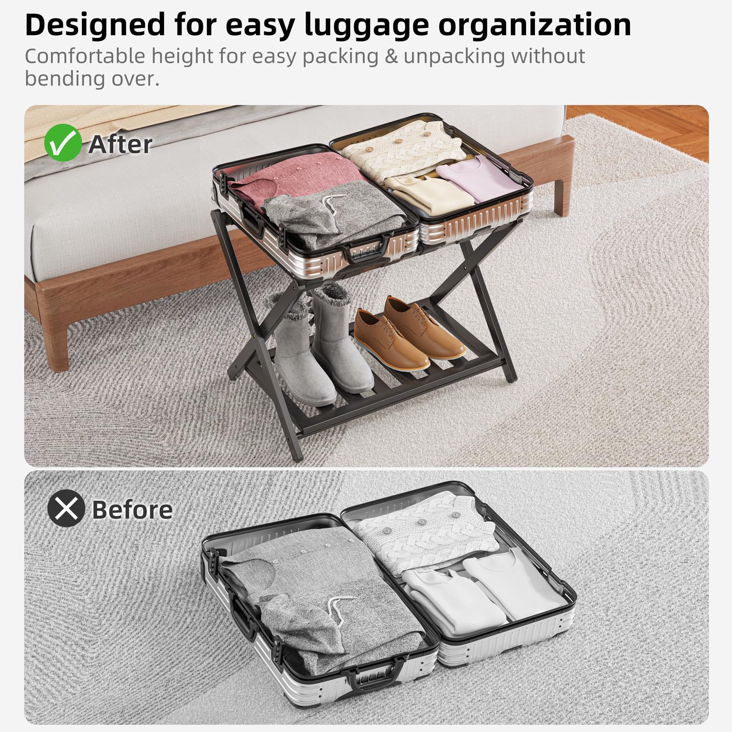 BAMBOOHOMIE Paquete de 2 portaequipajes de bambú para habitación de invitados, soporte plegable de 26.7 pulgadas con estante de almacenamiento, soporte grueso para equipaje para dormitorio, hotel