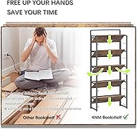 Vista 7 de 4NM No Assembly 5 Tiers Folding Bookshelf Storage Shelves Vintage Bookcase Standing Racks Study Organizer Home Office (Rustic Brown Black)