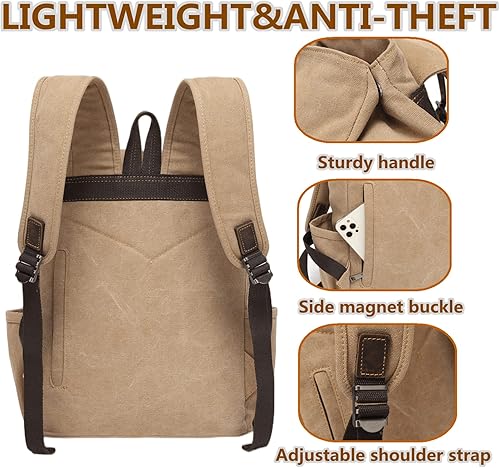 Miniatura 6 de Mochila vintage de lona, mochila de viaje para hombre, mochila casual para laptop, trabajo, viajes, senderismo (caqui), Oro