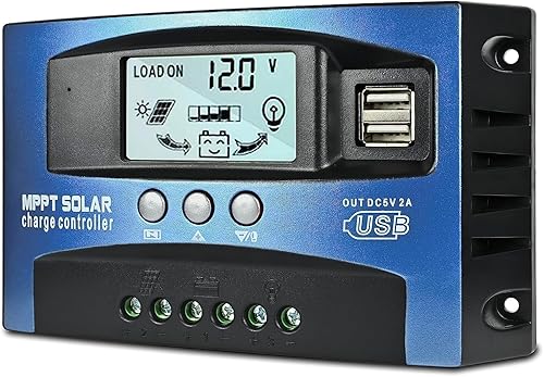 Controlador de carga solar MPPT de 100 A, regulador inteligente de batería de panel solar de 12 V/24 V con doble puerto USB, pantalla LCD y