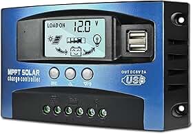Depvko Controlador de Carga Solar Mppt de 100A, Regulador Inteligente para Baterias de Painéis Solares de 12V/24V com Duas Portas Usb, Display Lcd E Temporizador com Horas de Ligar/Desligar.