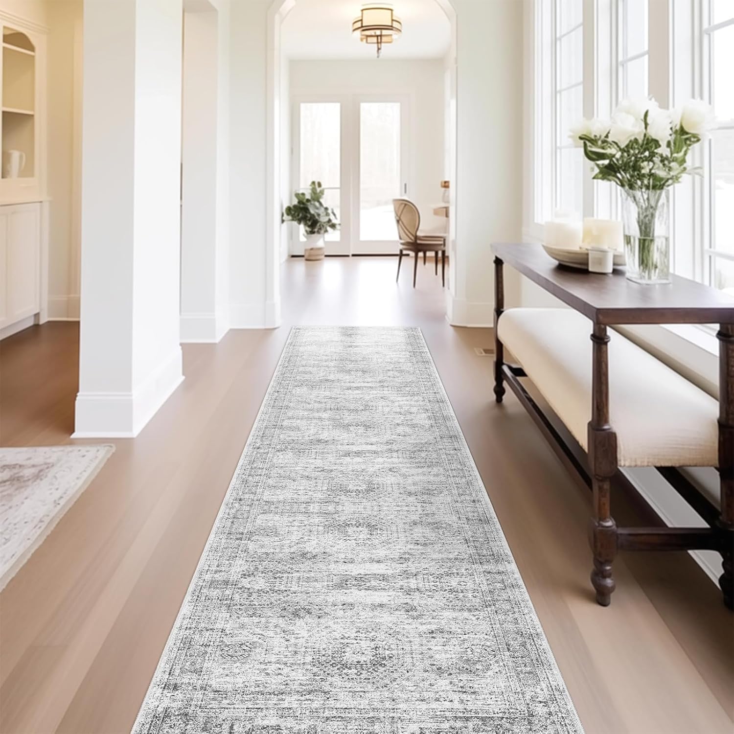 Runner Rug 2'6" x 10' Washable Non-Slip Runner Rugs for Kitchen Bathroom Laundry Room Vintage Ultra Thin Runners for Hallway Entryway Grey Grey 2'6" x 10' (Runner)