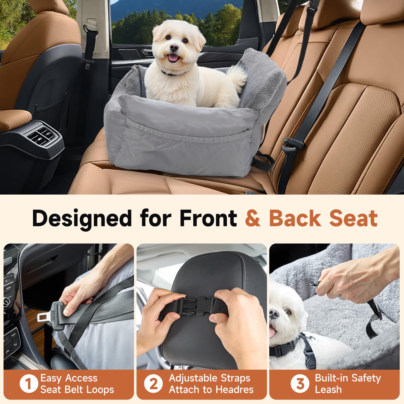 The Fellie Siège auto pour chiens de petite taille, siège rehausseur de voiture imperméable avec laisse de sécurité, lit de voyage confortable pour animal domestique avec poche de rangement et base