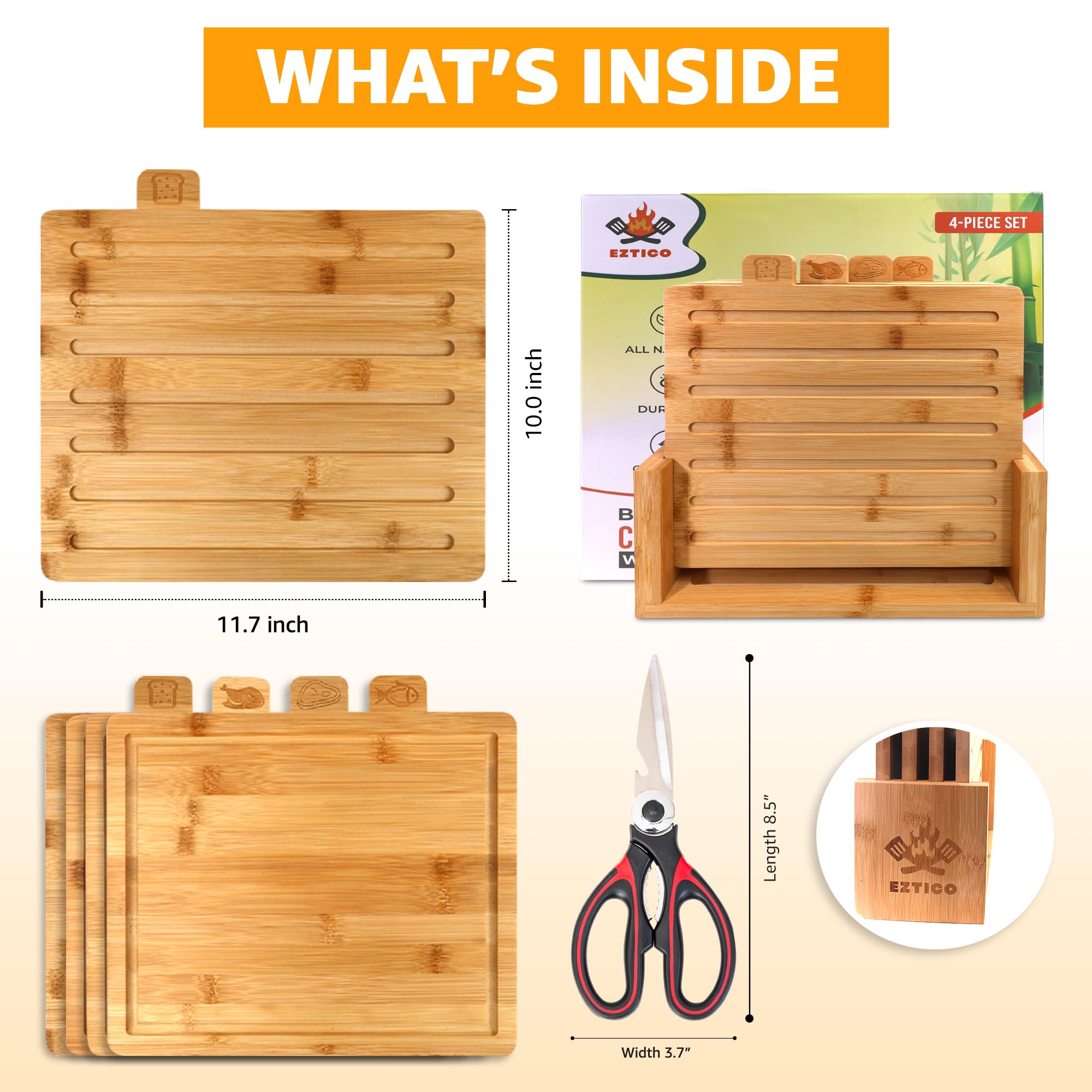 Juego de tablas de cortar de bambú de 4 piezas y tijeras de primera calidad, charcutería y tablas de cortar de madera perfectas, ranura ideal para jugos, sin BPA, artículos de cocina y
