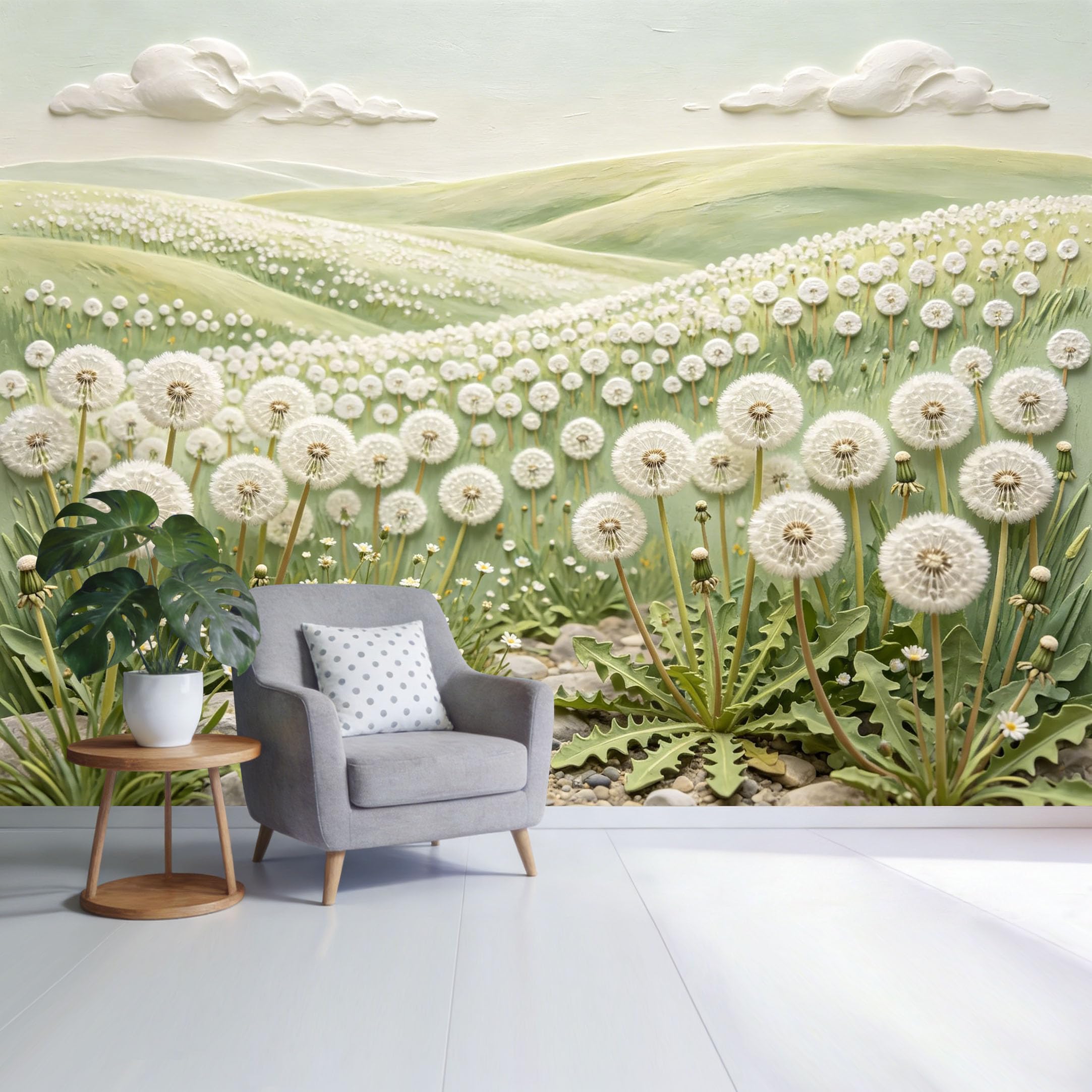Custom Size Wall Mural Botanical Dandelion Meadow Landscape Green Hills Watercolor Style SelfAdhesive Wall Fabric Removable Wallpaper for Home Office Decor