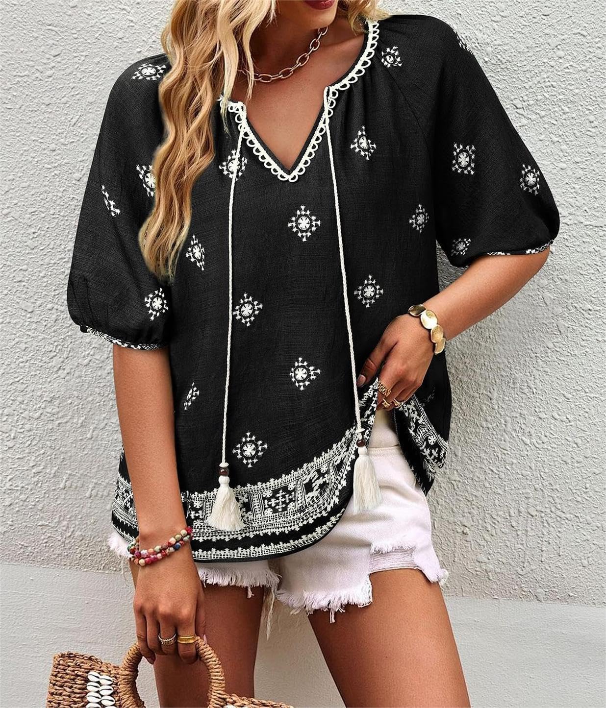 Chvity Womens Summer Boho Tops Flowy Floral Print Shirt Tie Front Vacation Clothes Casual V Neck Short Sleeve Blouses - Image 5