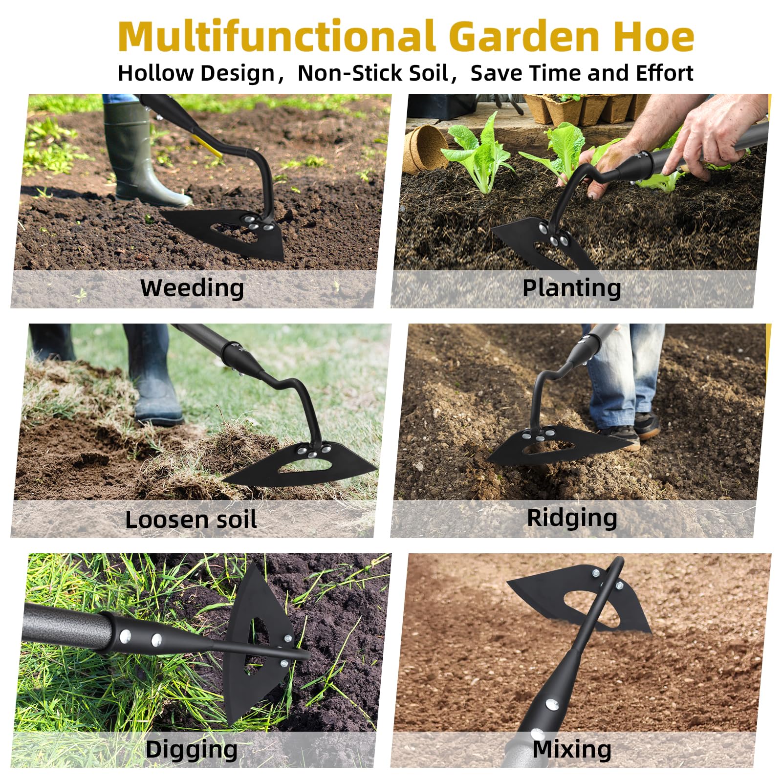Azada hueca de jardín, azadas triangulares resistentes para jardinería, mango largo ajustable de 55 pulgadas, herramienta de deshierbe manual de hoja afilada para huertos, macizos de
