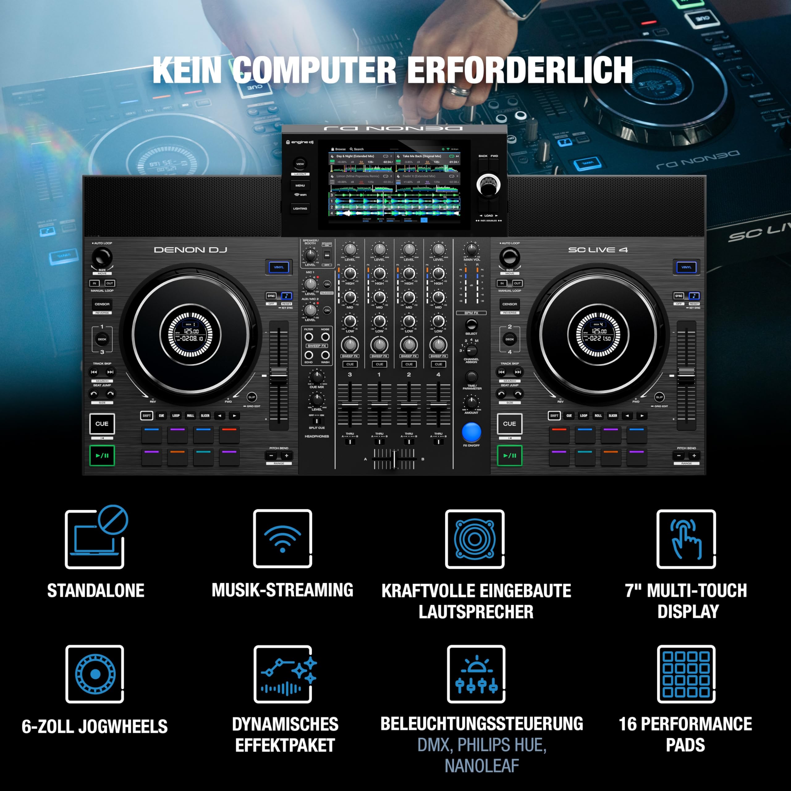 Denon DJ SC LIVE 4 Standalone DJ Controller with Stem Separation on 4 Decks, WiFi Streaming, Internal Speakers, Serato DJ and Virtual DJ Compatible