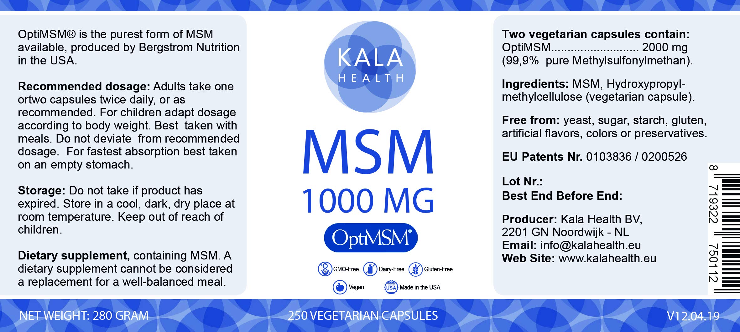 Kala Health – 250 cápsulas OptiMSM® Vegetarian – 1000 mg/cápsula This Pure MSM Supplement is the Only Methylsulfonilmetano Made in USA – The orgánicic Crystals are Free of any aditives